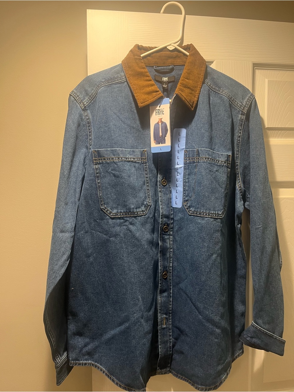 Frye Blue Denim Shirt Jacket with Brown Corduroy Collar